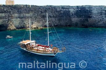 Excursão de barco de escola de idiomas para Crystal Bay, Comino